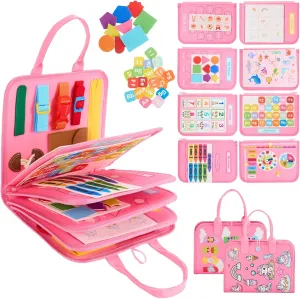Toddler Busy Board Montessori Toys, Sensory Toys for 1 2 3 4 Year Old Girl, Busy Book Travel Educational Activities for Learning Fine Motor Skills Birthday Gifts (Pink Unicorn/P10)
