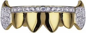 TOPGRILLZ 14K Gold Plated Iced Out CZ Top and Bottom Vampire Fangs Werewolf Grillz for Your Teeth Hip Hop Halloween Accessory