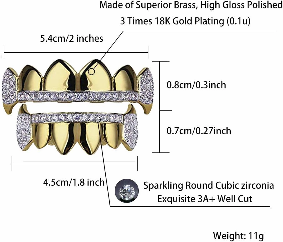 TOPGRILLZ 14K Gold Plated Iced Out CZ Top and Bottom Vampire Fangs Werewolf Grillz for Your Teeth Hip Hop Halloween Accessory
