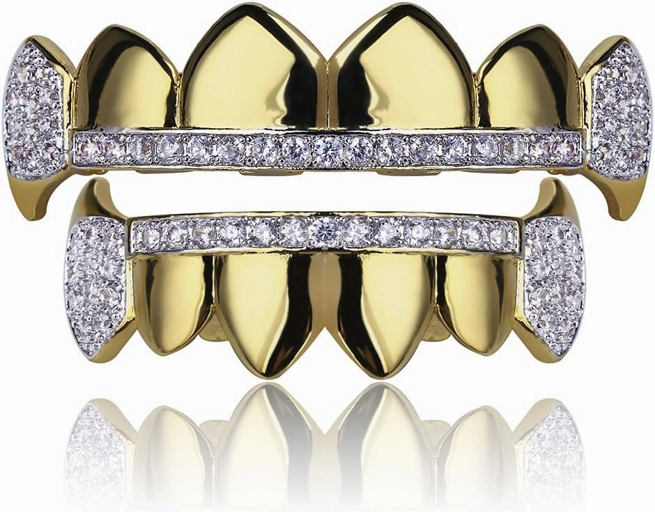 TOPGRILLZ 14K Gold Plated Iced Out CZ Top and Bottom Vampire Fangs Werewolf Grillz for Your Teeth Hip Hop Halloween Accessory