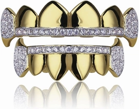 TOPGRILLZ 14K Gold Plated Iced Out CZ Top and Bottom Vampire Fangs Werewolf Grillz for Your Teeth Hip Hop Halloween Accessory