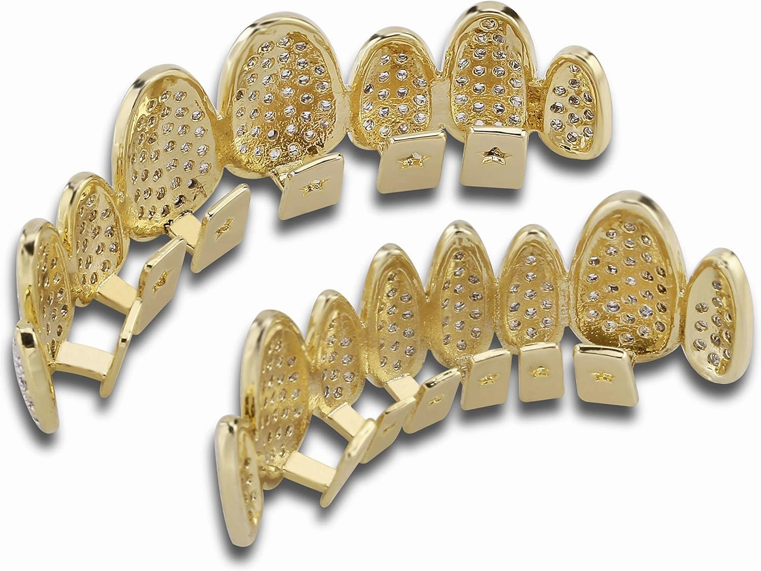 TOPGRILLZ 18K Gold Plated Iced Out Simulated 8 Top and Bottom Diamond Grills for Your Teeth with Extra Molding Bars