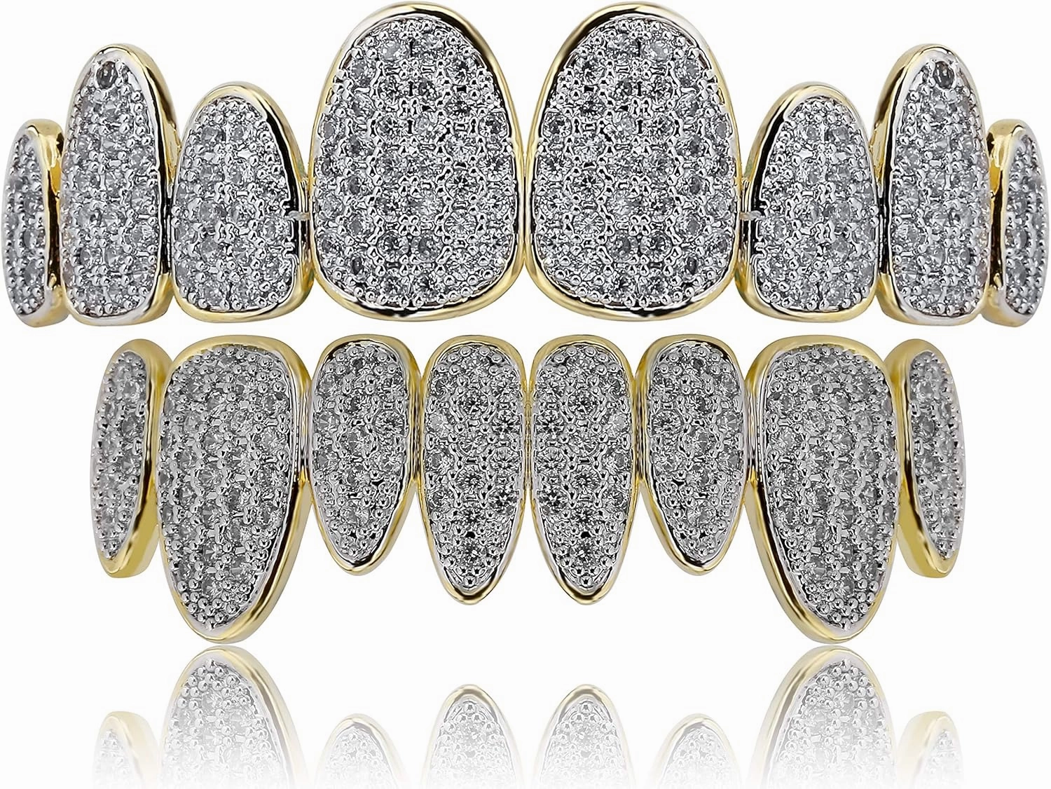 TOPGRILLZ 18K Gold Plated Iced Out Simulated 8 Top and Bottom Diamond Grills for Your Teeth with Extra Molding Bars