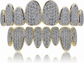 TOPGRILLZ 18K Gold Plated Iced Out Simulated 8 Top and Bottom Diamond Grills for Your Teeth with Extra Molding Bars
