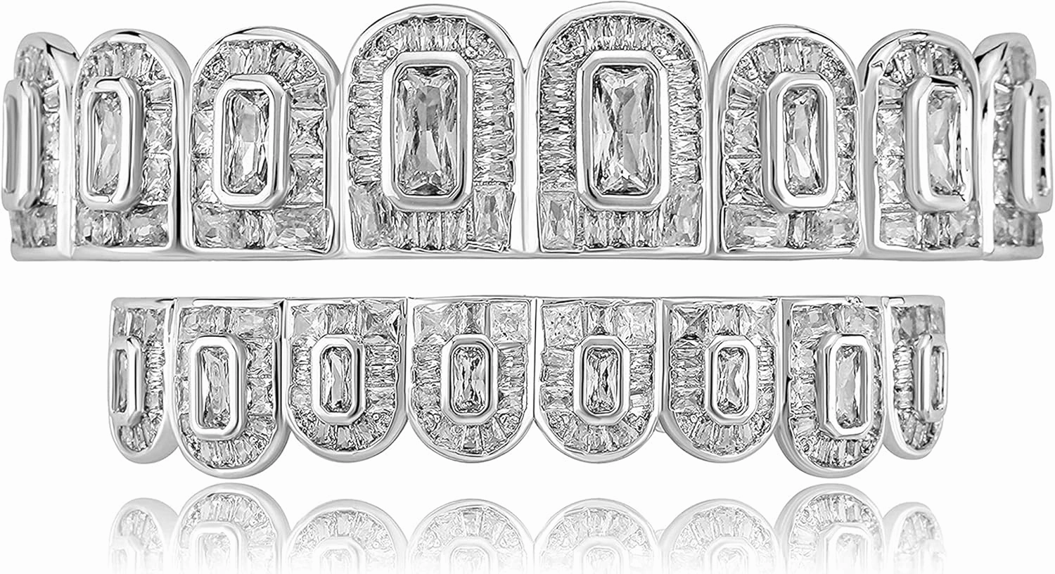 TOPGRILLZ Grills for Your Teeth Men Grillz Iced out 14K Gold Plated 8 Teeth Baguette Diamond Grillz for Women Hip Hop Rapper Costume Cosplay