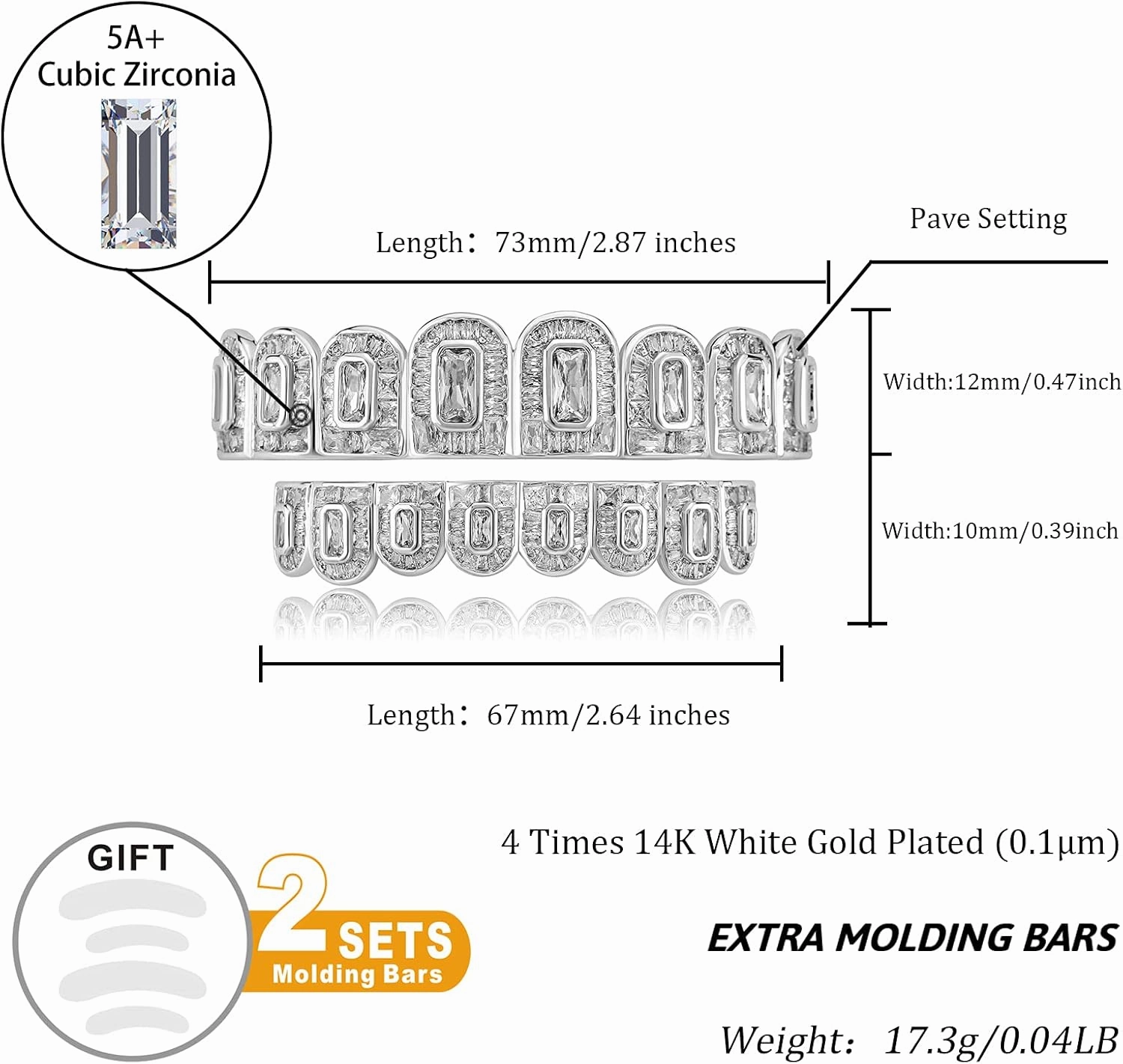 TOPGRILLZ Grills for Your Teeth Men Grillz Iced out 14K Gold Plated 8 Teeth Baguette Diamond Grillz for Women Hip Hop Rapper Costume Cosplay