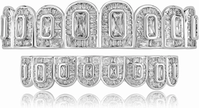 TOPGRILLZ Grills for Your Teeth Men Grillz Iced out 14K Gold Plated 8 Teeth Baguette Diamond Grillz for Women Hip Hop Rapper Costume Cosplay