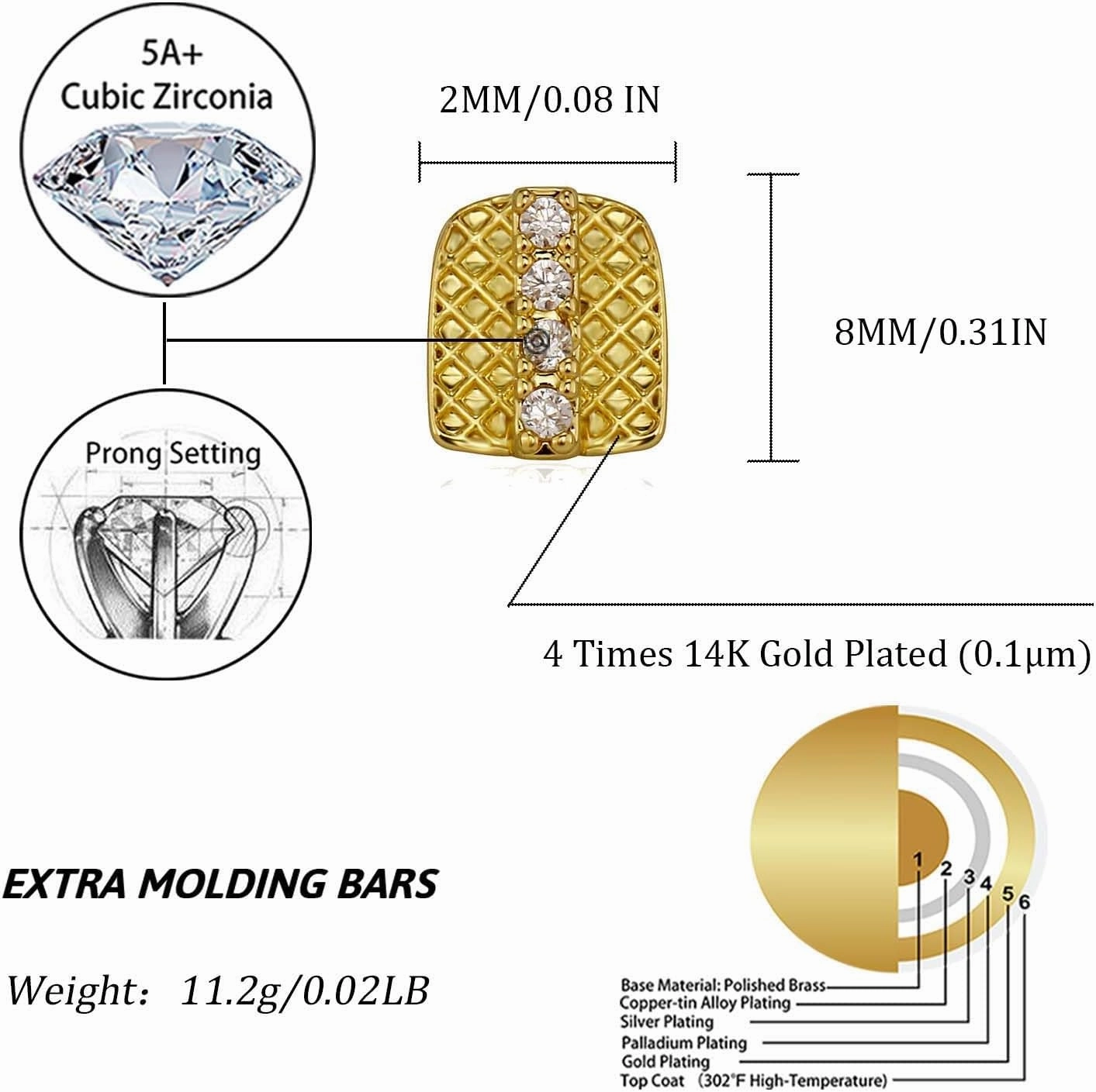 TOPGRILLZ Grillz Gold Tooth Cap - Grills for Your Teeth 4 CZ Stone Teeth Men 2pcs 18K Gold/Silver Plated Iced out Single Gap Teeth for Women Hip Hop Rapper Costume