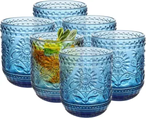 Topsky Vintage Drinking Glass Set of 6,12 oz Embossed Floral Decorative Glassware Set,Glass Cups Wine Glasses Beverages Tumblers Colored Glassware for Whisky,Beer,Juice,Cocktail,Heavy Duty