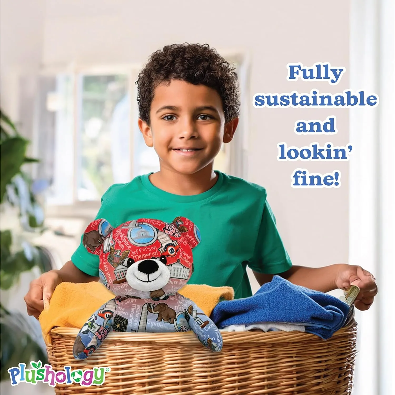 Totally United Washington DC Eco Friendly Teddy Bear Stuffed Animal; Ultra Soft and Cuddly Bear Plush for Kids 3 Years Old to Adults; Child-Safe Embroidered Eyes; (9" Tall)