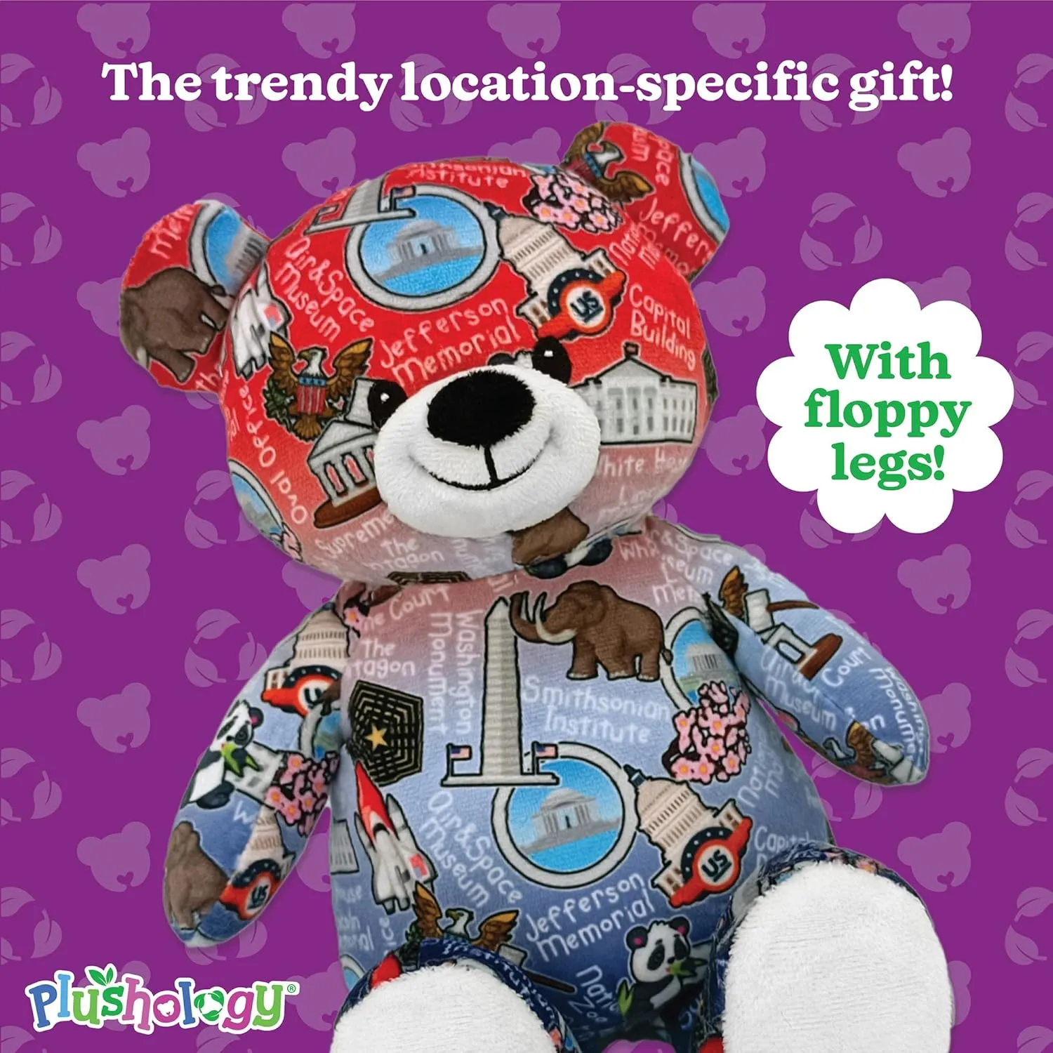 Totally United Washington DC Eco Friendly Teddy Bear Stuffed Animal; Ultra Soft and Cuddly Bear Plush for Kids 3 Years Old to Adults; Child-Safe Embroidered Eyes; (9" Tall)