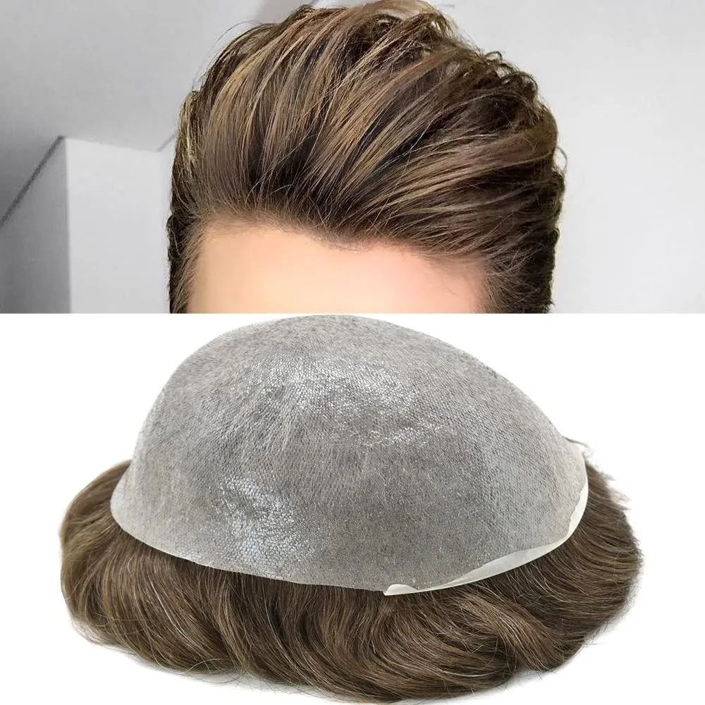 Toupee For Men 100% European Human Hair Toupee Men Natural Hairline Hair Pieces For Men Thin Skin PU V-Looped Hair System For Men Male Hair Prosthesis (8"x10"-90% Density, #5 MEDIUM LIGHT BROWN)