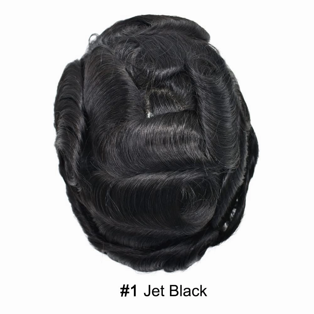 Toupee For Men Real Human Hair Men Toupee Hair Pieces For Men Thin Skin V-Looped Hair System For Men Natural Hairline Male Hair Prosthesis 8"x10"-90% Density, #1 JET BLACK