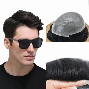 Toupee For Men Real Human Hair Men Toupee Hair Pieces For Men Thin Skin V-Looped Hair System For Men Natural Hairline Male Hair Prosthesis 8"x10"-90% Density, #1 JET BLACK