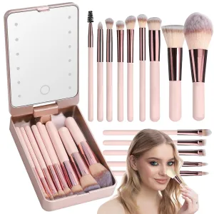 Travel Makeup Brush Set with LED Mirror, Professional and Mini Makeup Brushes Set 14Pcs, Eye Shadows Makeup Set Storage Box (Rose Gold)