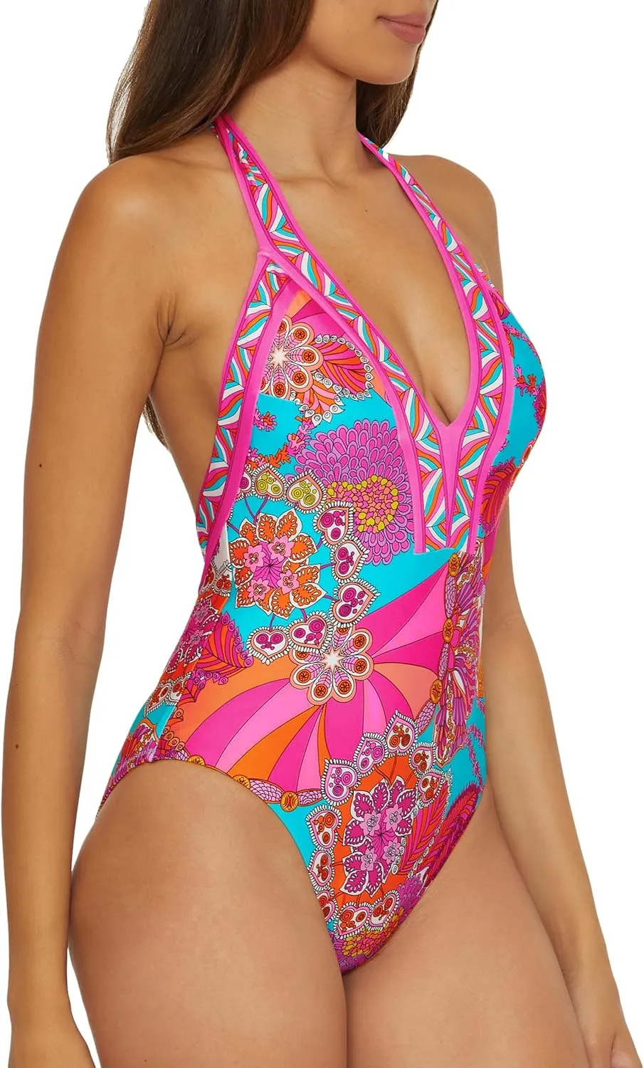 Trina Turk Women's Meilani One Piece Swimsuit, Plunge Neck, Floral Print, Bathing Suits