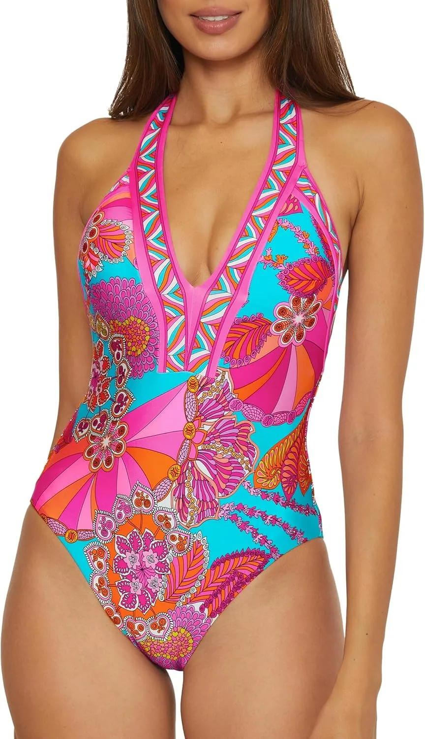 Trina Turk Women's Meilani One Piece Swimsuit, Plunge Neck, Floral Print, Bathing Suits