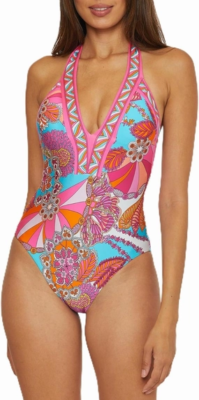 Trina Turk Women's Meilani One Piece Swimsuit, Plunge Neck, Floral Print, Bathing Suits