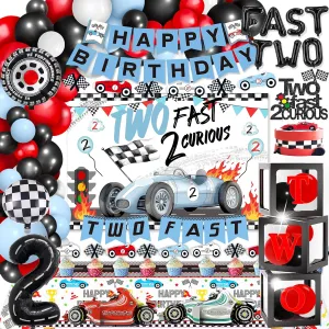 Two Fast 2 Curious Racing 2nd Bday Car Birthday Decor - Racing Themed Party Supplies