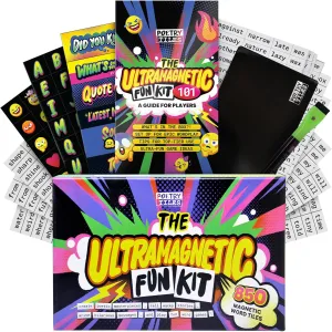 Ultramagnetic Fun Kit - The New Way to Make Fridge Poetry - 700  Words, Emojis, Header Tiles, Black Board and Liquid Chalk Pen - Supercharged Game and Activity Pamphlet - .375" Tall Tiles