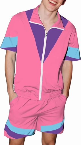 UOUA 80s Outfit for Men 90s Color Block Costumes 2 Piece Retro Short Sleeve Jacket & Shorts Set for Party