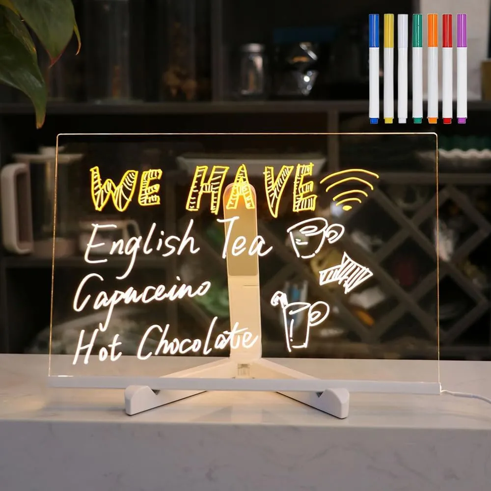 Upgrade LED Note Board with Colors, Light Up Acrylic Message Board Light Up Dry Erase Board with Adjustable Stand and 7 Colors Pen, LED Illuminated Drawing Board for Office School Home (12 * 8in)