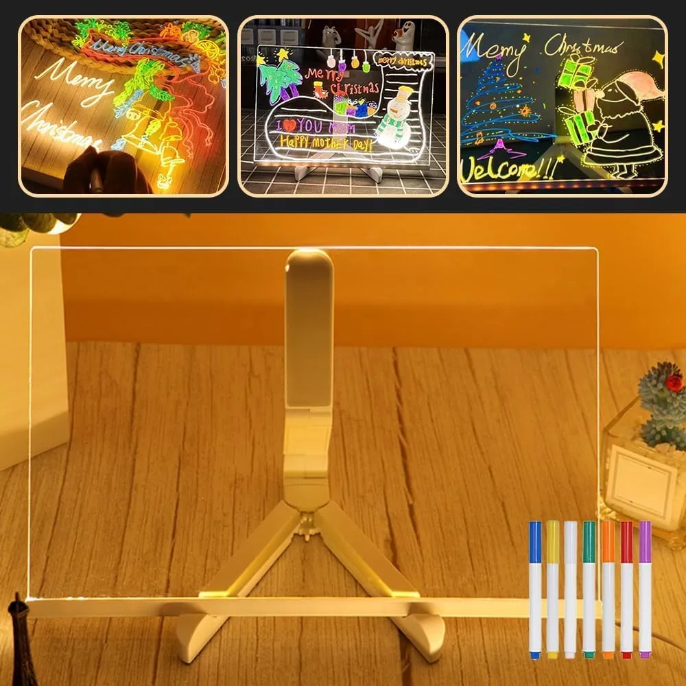 Upgrade LED Note Board with Colors, Light Up Acrylic Message Board Light Up Dry Erase Board with Adjustable Stand and 7 Colors Pen, LED Illuminated Drawing Board for Office School Home (12 * 8in)