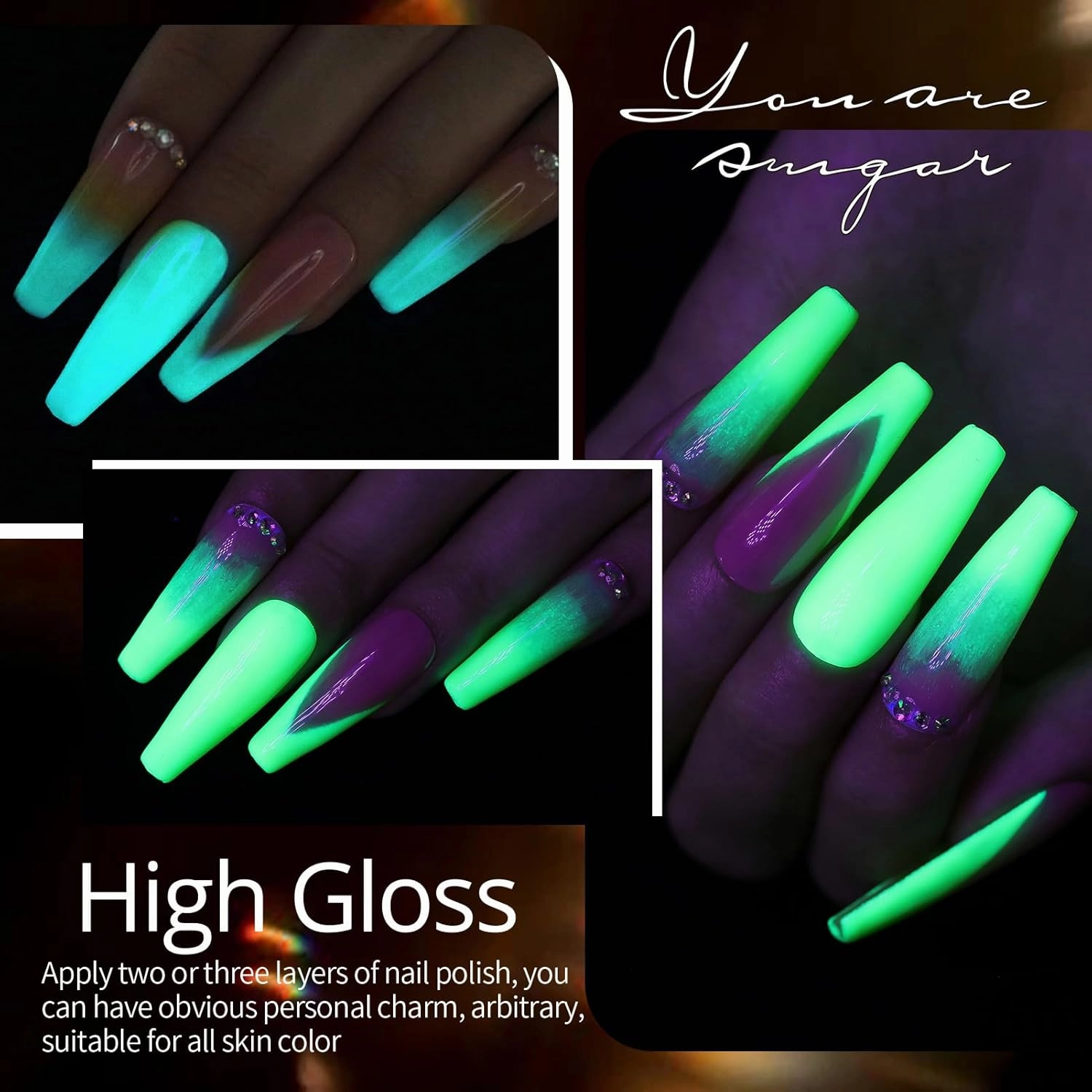UR SUGAR Glow in the Dark Gel Nail Polish Set, 12 Colors Halloween Neon Hot Pink Yellow Orange Bright Luminous Gel Polish Set Fluorescent Glow in Dark Effect Soak Off Nail Polish Kit for Party Nail