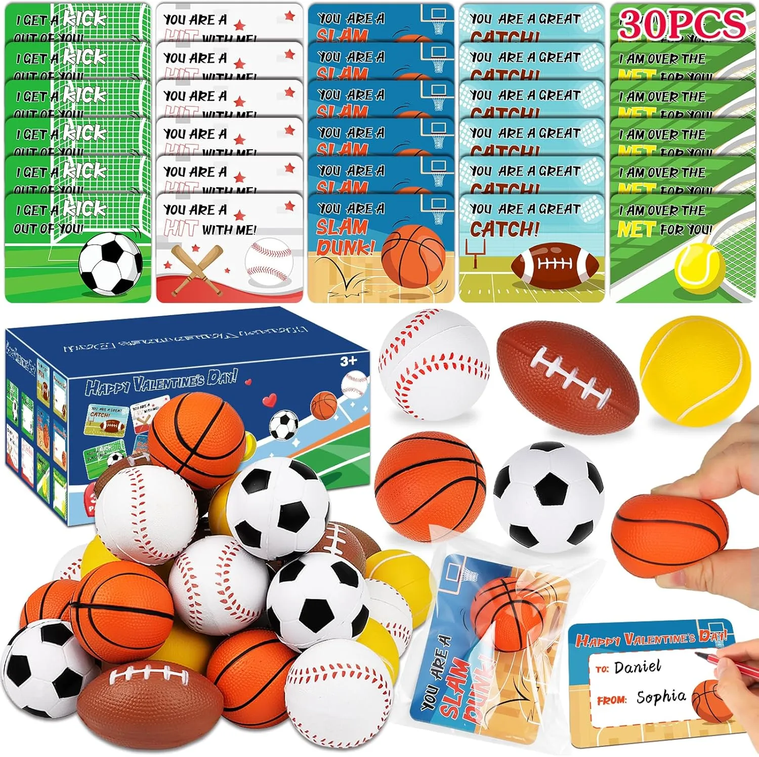 Valentine's Day Cards & Gifts for Kids - 30 Pack Sport Balls, Classroom Party Favors & Toys