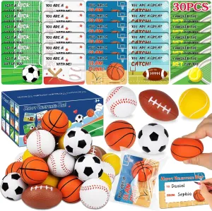 Valentine's Day Cards & Gifts for Kids - 30 Pack Sport Balls, Classroom Party Favors & Toys