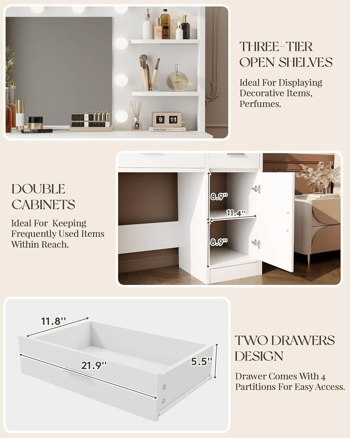Vanity Desk with Mirror and Lights, Makeup Vanity with Drawer & Storage Shelves, Cabinet, 3 Lighting Modes Adjustable Brightness, Bedroom Dressing Table, White by Boahaus