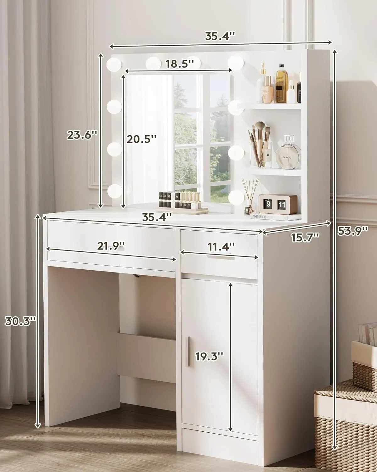 Vanity Desk with Mirror and Lights, Makeup Vanity with Drawer & Storage Shelves, Cabinet, 3 Lighting Modes Adjustable Brightness, Bedroom Dressing Table, White by Boahaus