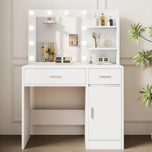 Vanity Desk with Mirror and Lights, Makeup Vanity with Drawer & Storage Shelves, Cabinet, 3 Lighting Modes Adjustable Brightness, Bedroom Dressing Table, White by Boahaus