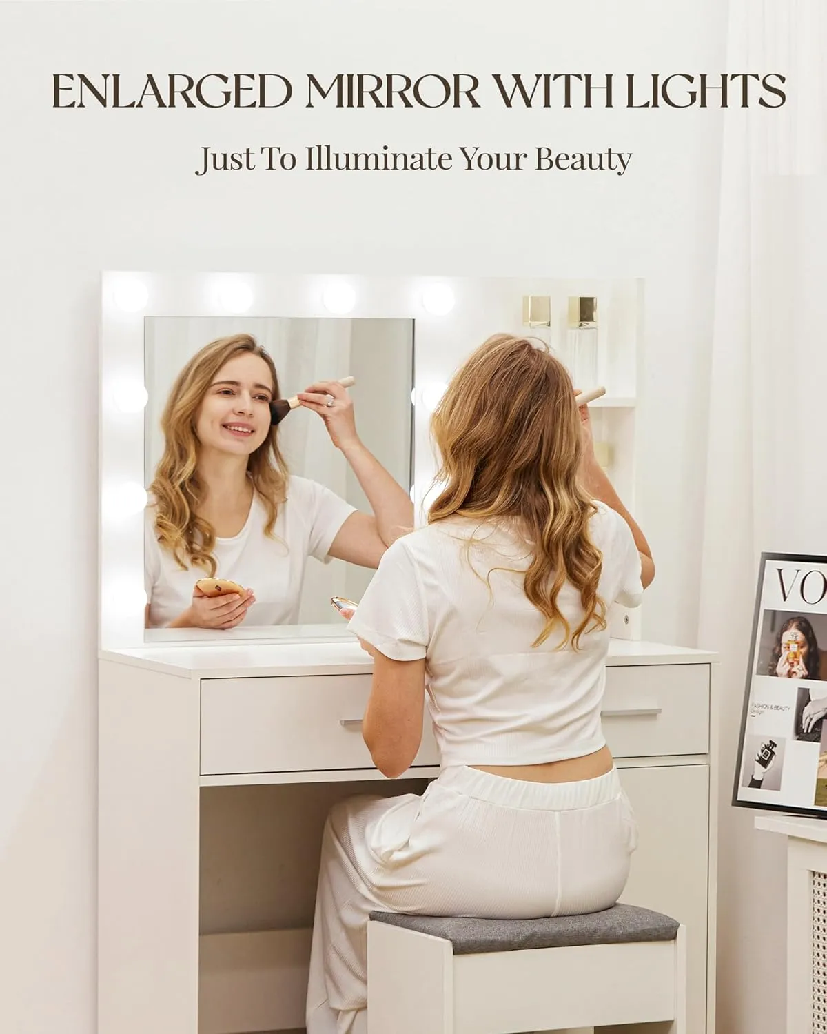 Vanity Desk with Mirror and Lights, Makeup Vanity with Drawer & Storage Shelves, Cabinet, 3 Lighting Modes Adjustable Brightness, Bedroom Dressing Table, White by Boahaus