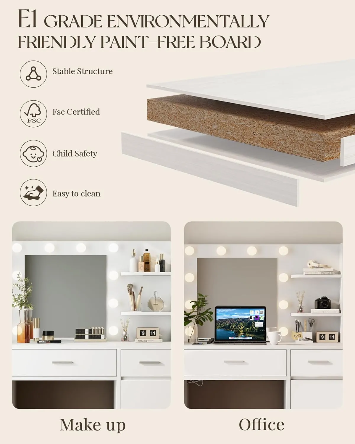 Vanity Desk with Mirror and Lights, Makeup Vanity with Drawer & Storage Shelves, Cabinet, 3 Lighting Modes Adjustable Brightness, Bedroom Dressing Table, White by Boahaus