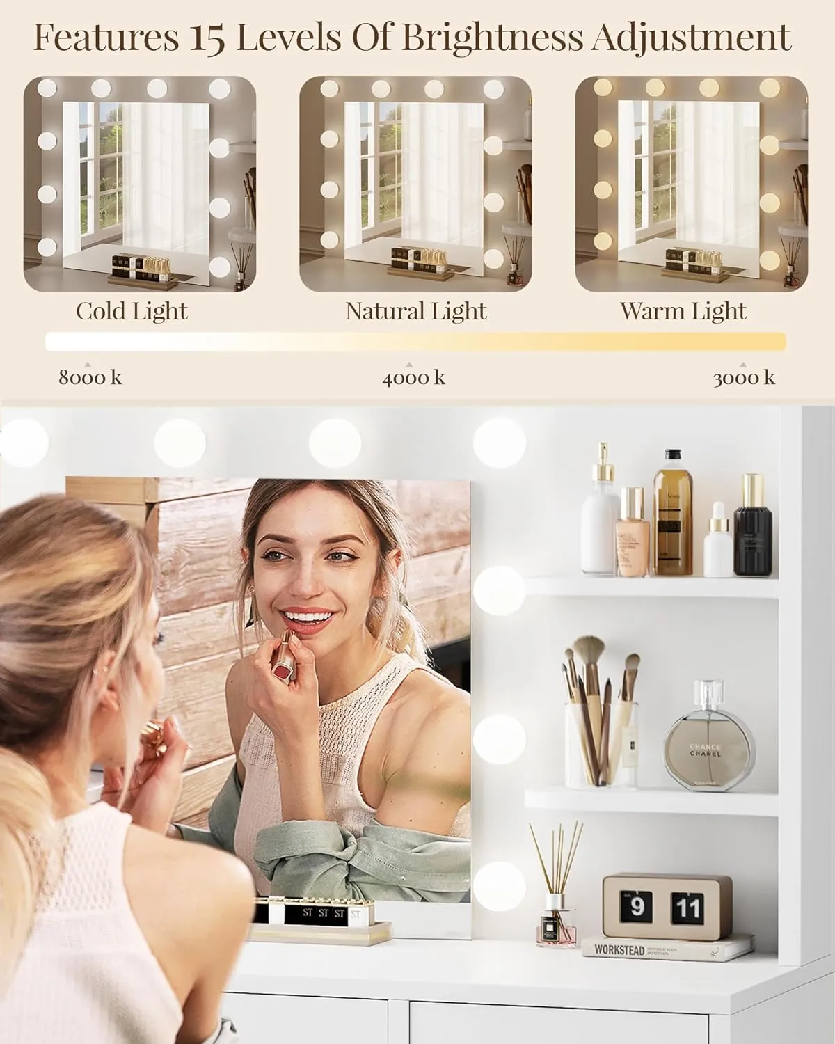 Vanity Desk with Mirror and Lights, Makeup Vanity with Drawer & Storage Shelves, Cabinet, 3 Lighting Modes Adjustable Brightness, Bedroom Dressing Table, White by Boahaus