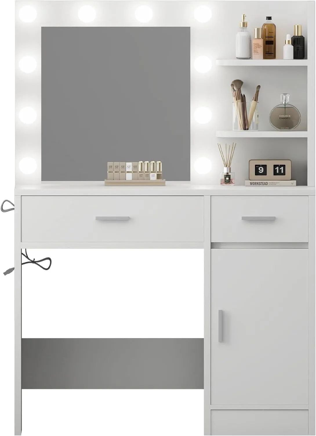 Vanity Desk with Mirror and Lights, Makeup Vanity with Drawer & Storage Shelves, Cabinet, 3 Lighting Modes Adjustable Brightness, Bedroom Dressing Table, White by Boahaus