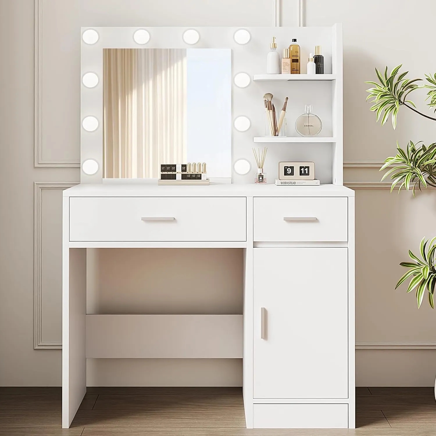 Vanity Desk with Mirror and Lights, Makeup Vanity with Drawer & Storage Shelves, Cabinet, 3 Lighting Modes Adjustable Brightness, Bedroom Dressing Table, White by Boahaus