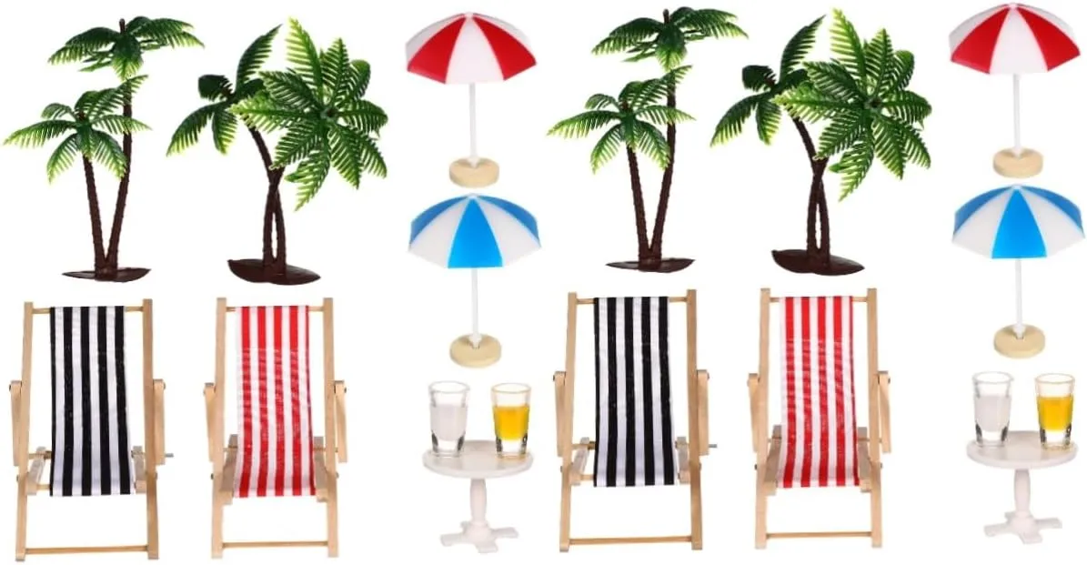 VANZACK Set Miniature Beach Ornament Set Doll House Decor with Palm Trees Beach Chairs Umbrellas Drinks Round Table for Micro Landscape Fairy Garden Decorations