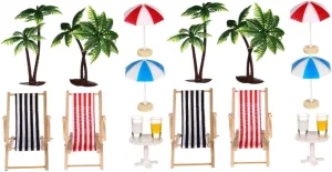 VANZACK Set Miniature Beach Ornament Set Doll House Decor with Palm Trees Beach Chairs Umbrellas Drinks Round Table for Micro Landscape Fairy Garden Decorations