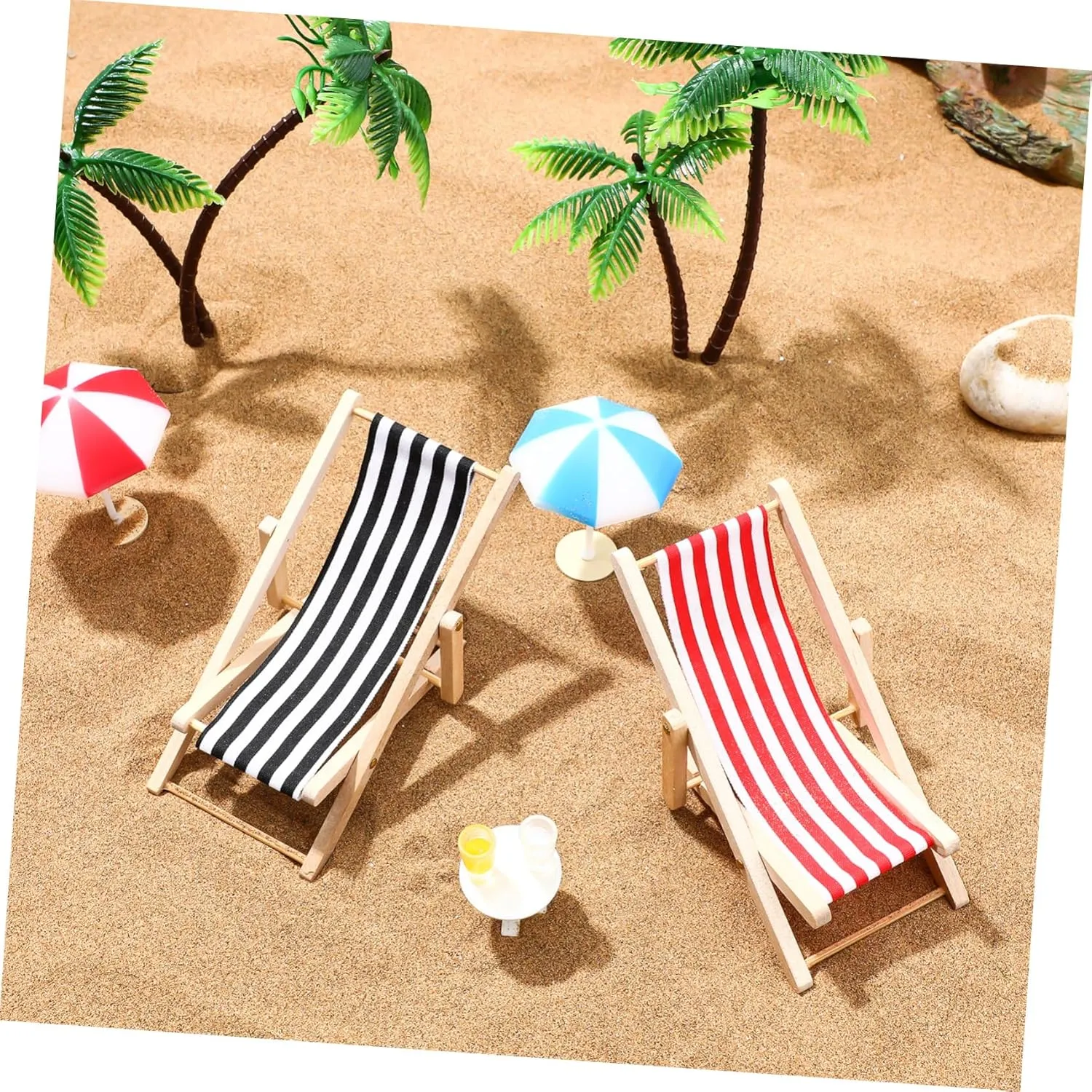 VANZACK Set Miniature Beach Ornament Set Doll House Decor with Palm Trees Beach Chairs Umbrellas Drinks Round Table for Micro Landscape Fairy Garden Decorations