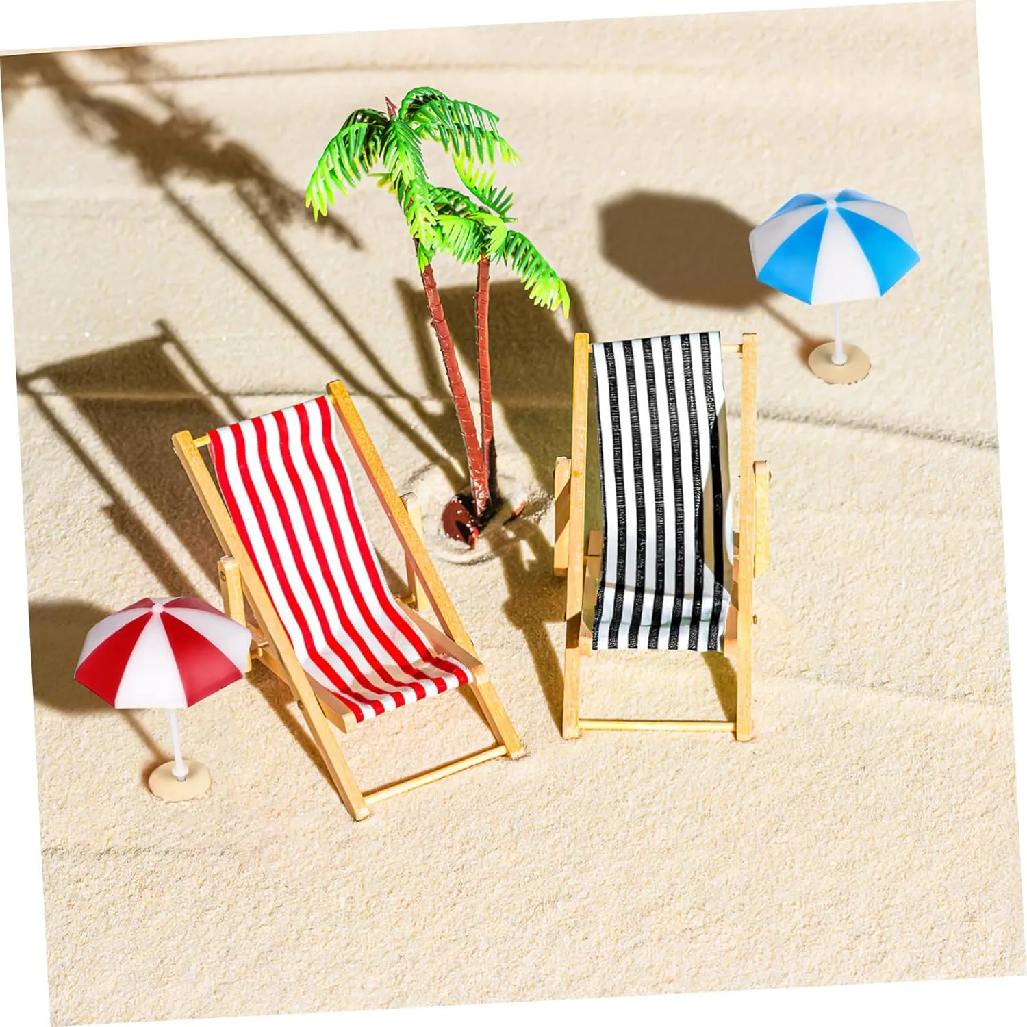 VANZACK Set Miniature Beach Ornament Set Doll House Decor with Palm Trees Beach Chairs Umbrellas Drinks Round Table for Micro Landscape Fairy Garden Decorations
