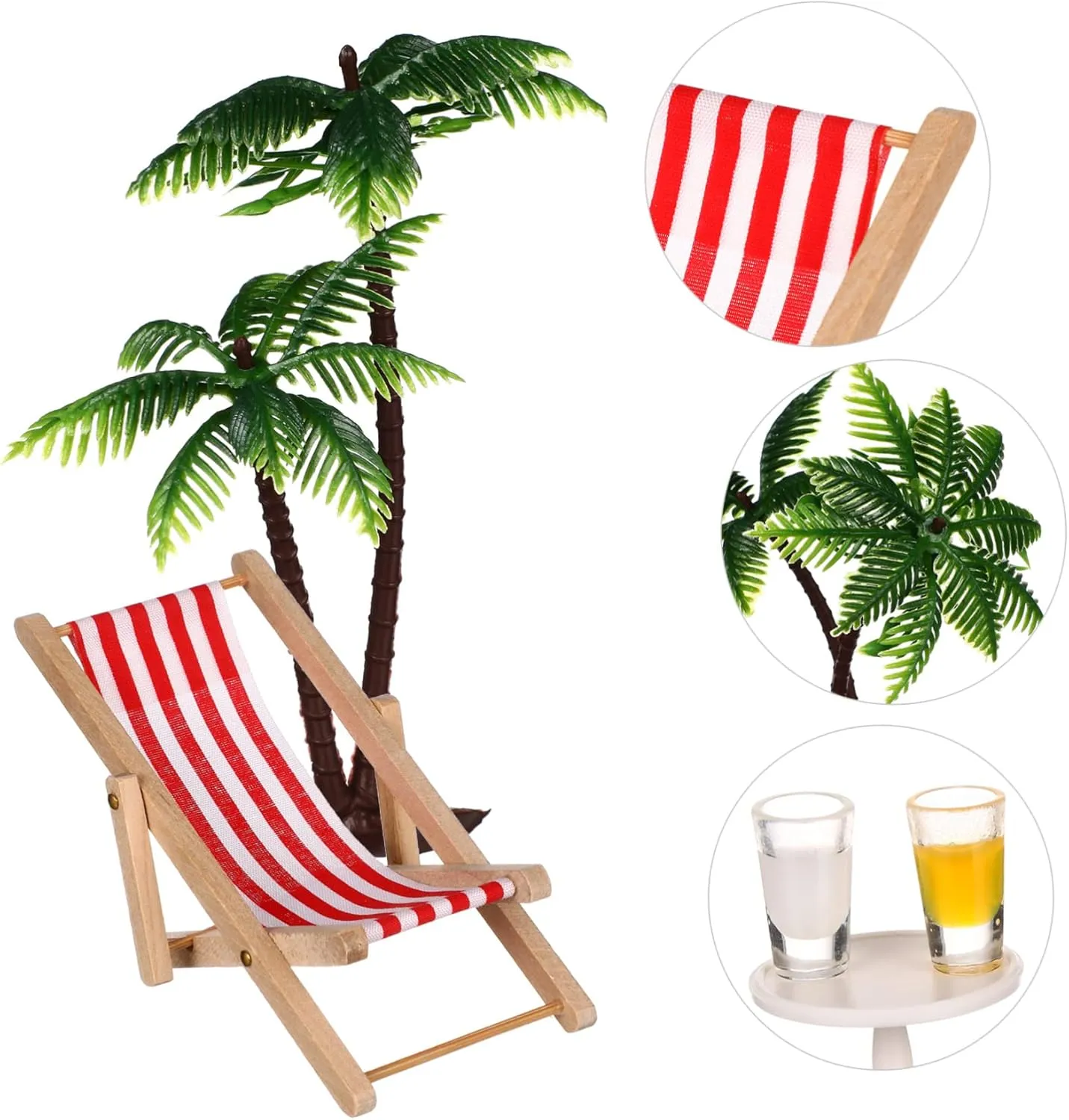 VANZACK Set Miniature Beach Ornament Set Doll House Decor with Palm Trees Beach Chairs Umbrellas Drinks Round Table for Micro Landscape Fairy Garden Decorations