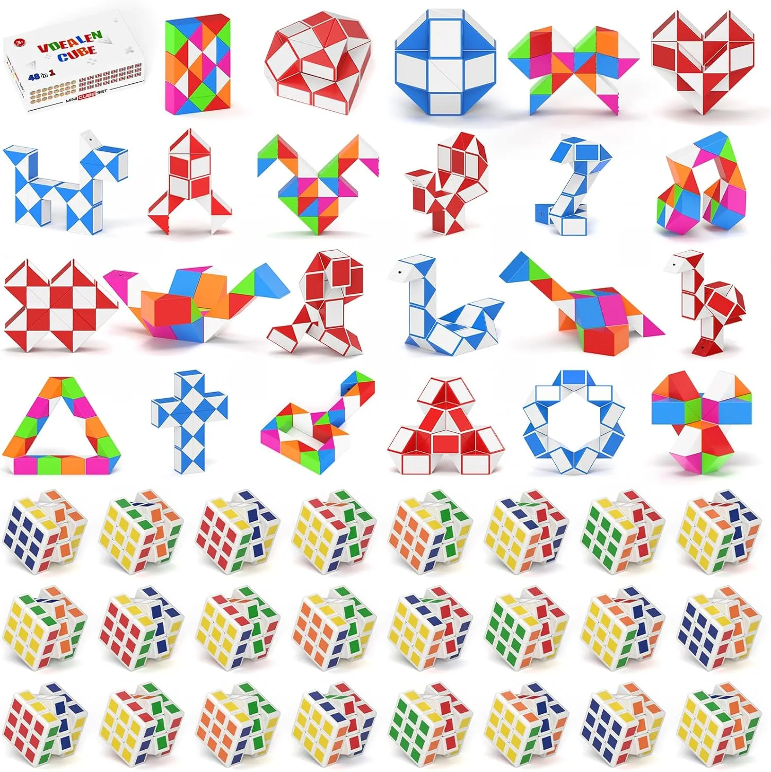 Vdealen 48 Pack Mini Cube&Fidget Snake Cube Puzzle Party Favors for Kids, School Rewards&Classroom Prize for Students, Goodie Bag Stocking Stuffers, Gift for Birthday Valentine Easter Christmas