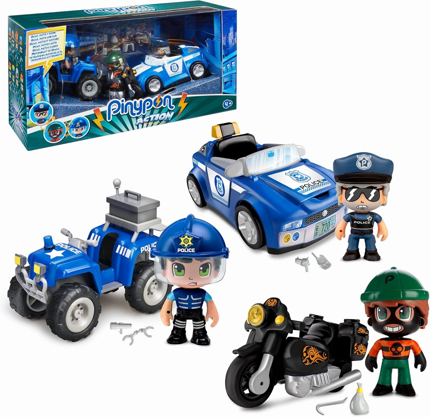 Vehicle Pack with Quad, Car and Motorcycle, and 3 Different Figures | 2 Police Dolls and A Thief, Exclusive Toy, for Boys and Girls from 3 Years