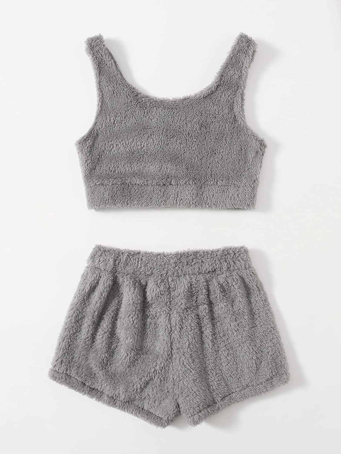 Verdusa Women's Fuzzy Pajamas Set Loungewear Crop Tank Top and Shorts Sleepwear