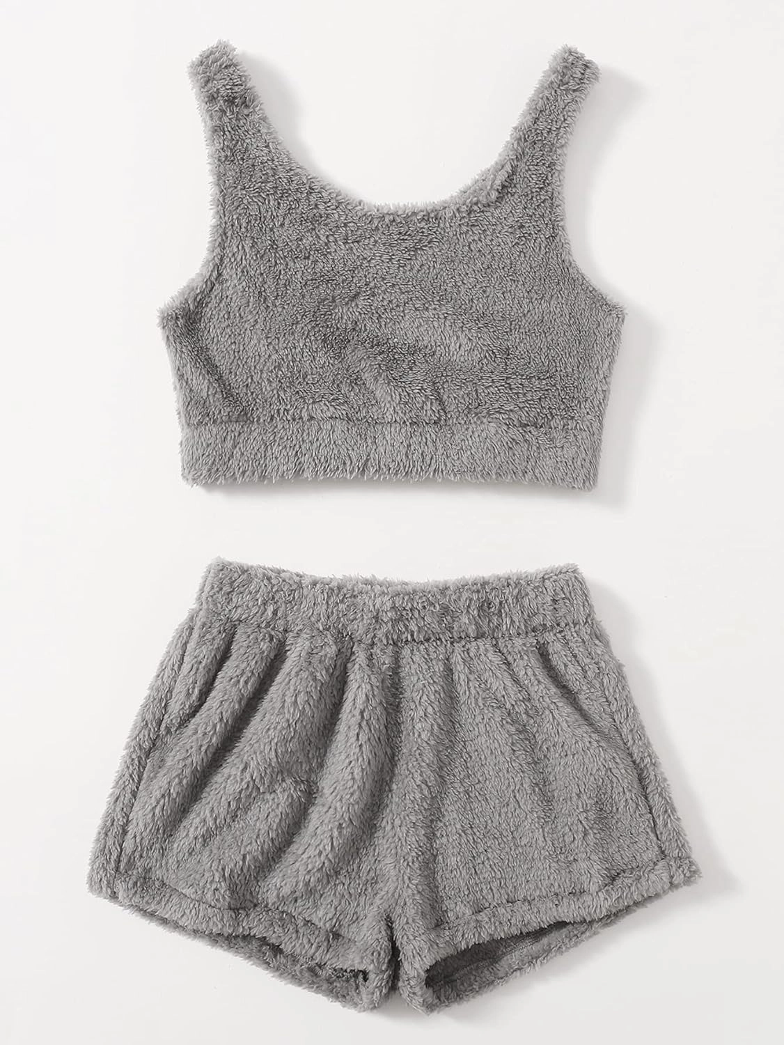 Verdusa Women's Fuzzy Pajamas Set Loungewear Crop Tank Top and Shorts Sleepwear