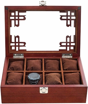 Vintage Watch Organizer with Transparent Top Chinese Style 8 Grid Jewelry Organizer Case Gift Case for Men/Women