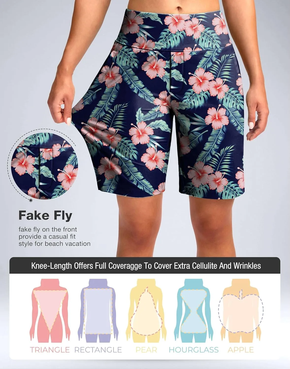 Viodia Women's 9" Long Swim Shorts Modest Swimsuits Bathing Suit Knee Length Bermuda Board Shorts for Women with Pocket