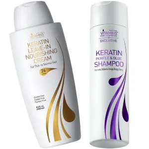 VITAMINS hair cosmetics Keratin Thin Hair Leave-In Conditioner & Purple Blue Shampoo Kit, Hydrating No Rinse Cream & Violet Anti-Brass Shampoo for Bleached Blonde Platinum Silver Gray Dry Damaged Hair